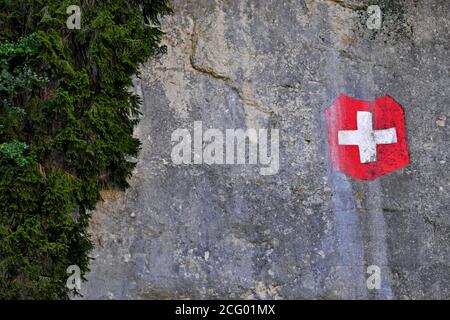 France, Doubs, Villers-le-Lac, Bassins et Saut du Doubs, lac de Chaillexon, falaises, côté suisse, drapeau national peint sur la falaise au-dessus de la Banque D'Images