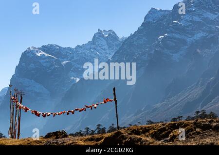 Drapeaux de prière tibétains soufflant avec le vent de haute montagne se situe à l'arrière-plan et le soleil se trouve à l'arrière-plan du vallée de fleurs à Sikkim Inde Banque D'Images