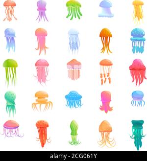 Jeu d'icônes de méduse. Ensemble de dessins animés de jellyfish vector icônes pour la conception de Web Illustration de Vecteur