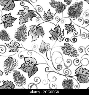 Grappes de raisin. Motif sans couture. Aquarelle. Dessin fait main. Motif raisin aquarelle sans couture. Noir et blanc Banque D'Images