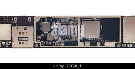 Composants de la tablette de smartphone, carte de circuit imprimé de la tablette mobile moderne avec puces de mémoire vive du processeur et autres composants électroniques. Miniaturisation o Banque D'Images