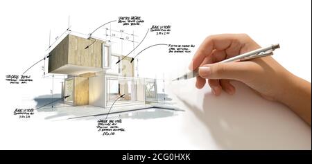 Rendu 3D d'une maison cubique moderne avec une main écrivant des notes, des mesures et des indications Banque D'Images