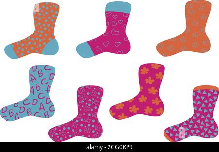 Ensemble vectoriel de chaussettes colorées remplies de motifs isolés sur fond blanc. Chaussettes à motif vectoriel. Illustration de Vecteur