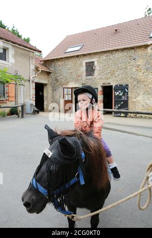 Petite fille poney à cheval dans une écurie, France Banque D'Images