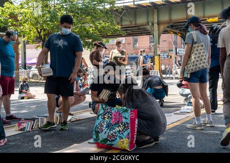 Les amateurs de livres affluent dans le quartier Astoria de Queens à New York le dimanche 30 août 2020 pour parcourir les livres donnés gratuitement lors d'une foire du livre. (© Richard B. Levine) Banque D'Images