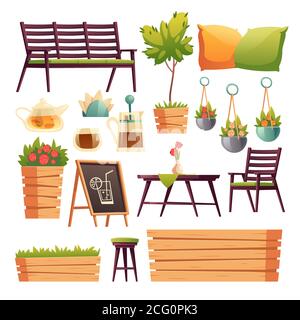 Terrasse de café ou de restaurant avec comptoir de bar en bois, sièges, fleurs et plantes. Ensemble de meubles de dessin animé Vector pour cafétéria extérieure, chaise, banc, table, théière et tasse isolés sur fond blanc Illustration de Vecteur