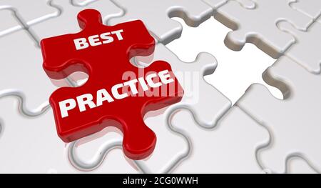 Meilleure pratique. L'inscription sur l'élément manquant du puzzle.les éléments de puzzles blancs pliés et un rouge avec le texte DE LA MEILLEURE PRATIQUE. Illustration 3D Banque D'Images