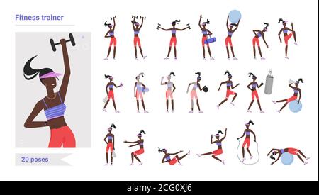 Entraîneur de fitness gym poses d'entraînement infographie scénario ensemble d'illustrations. Caricature femme plate entraîneur personnage de gymnastique, exercices de sport avec kettlebell, haltères, ballon isolé sur blanc Illustration de Vecteur