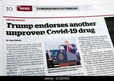 « Trump approuve une autre drogue non prouvée Covid-19 » oléandrin coronavirus Outbreak News Section USA titre du journal britannique en août 2020 Londres Royaume-Uni Banque D'Images