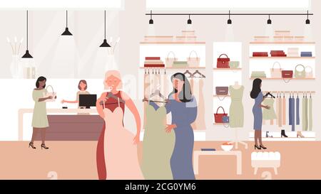 Boutique de mode pour femmes, magasin de vêtements illustration vectorielle plate. Caricature bonne femme personnages debout avec de nouvelles robes, shopping et l'achat de vêtements élégants dans magasin salle d'exposition intérieur arrière-plan Illustration de Vecteur