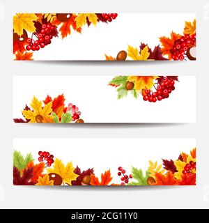 Ensemble de trois bannières web vecteur avec motif de feuilles d'automne. Illustration de Vecteur