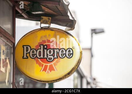 BELGRADE, SERBIE - 22 SEPTEMBRE 2019 : vieux logo pedigree petules sur un magasin local d'animaux de compagnie à belgrade. Pedigree Petfoods est une marque américaine de p Banque D'Images