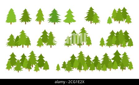 Arbres forestiers texturés. Paysages dessinés à la main vert silhouette plate. Forme d'horizon de bois Evergreen. Diverses formes de bois de dessin animé. Illustration vectorielle sur fond blanc Illustration de Vecteur