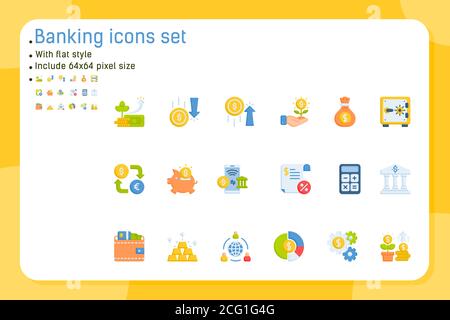 Icônes de banque haut de gamme avec style plat isolé sur fond blanc. Modèle de conception d'icônes vectorielles pour le graphisme, la conception Web, les applications, la finance et bien plus encore Illustration de Vecteur