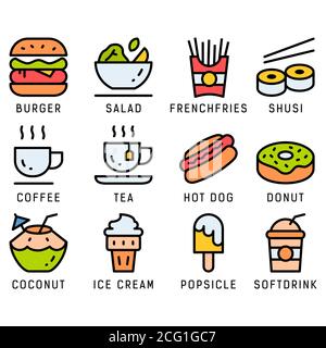 Ensemble d'icônes de nourriture et de boissons avec style de couleur de lineal sur fond blanc isolé. Ensemble d'icônes vectorielles nourriture et boissons, hamburger, noix de coco, salade, hot dog, shusi Illustration de Vecteur
