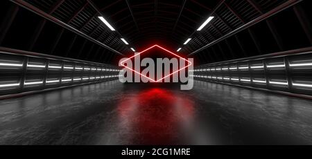 Un tunnel sombre de tuyaux illuminés par des lampes et des lampes au néon blancs. Réflexion floue sur le sol. image de rendu 3d. Banque D'Images