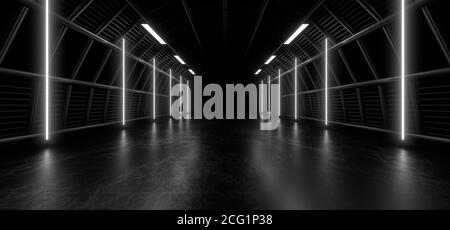 Un tunnel sombre de tuyaux illuminés par des lampes et des lampes au néon blancs. Réflexion floue sur le sol. image de rendu 3d. Banque D'Images