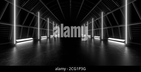 Un tunnel sombre de tuyaux illuminés par des lampes et des lampes au néon blancs. Réflexion floue sur le sol. image de rendu 3d. Banque D'Images