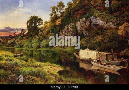 Leader Benjamin Williams - un paysage de rivière avec un pêcheur Making Eel Traps - British School - 19e siècle Banque D'Images