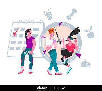 Bandeau de planification de style de vie sain et d'entraînement de forme physique avec des personnages de femmes. Illustration de Vecteur
