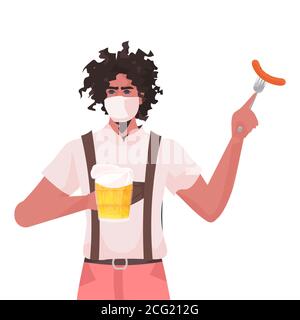 Homme dans un masque médical tenant une tasse à bière et une saucisse Oktoberfest fête célébration coronavirus quarantaine concept guy dans les vêtements traditionnels allemands illustration vectorielle portrait Illustration de Vecteur