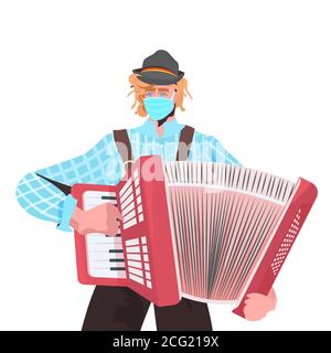 Un musicien jouant de l'accordéon sur le festival folklorique joue de la musique Oktoberfest fête célébrant concept homme dans des vêtements traditionnels allemands ayant un portrait amusant illustration vectorielle Illustration de Vecteur