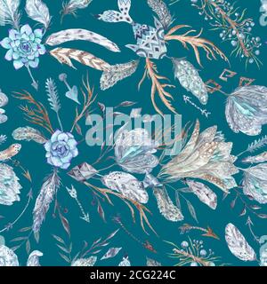 Motif aquarelle boho chic sur fond turquoise Banque D'Images