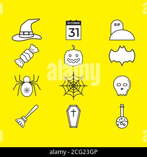 Pack d'icônes Halloween isolé sur fond jaune. Collection de vecteurs non colorés. Illustration en noir et blanc. Illustration de Vecteur