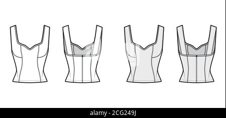 Haut à empiècements style corset, illustration technique de la mode avec encolure ornée de bijoux, coupe près du corps, fermeture à glissière dissimulée dans le dos. Modèle de vêtement plat à l'avant, à l'arrière, de couleur grise blanche. T-shirt unisexe CAD maquette pour femme Illustration de Vecteur