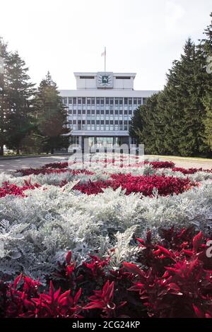 Bâtiment administratif de la région de Tomsk. Place avec fleurs devant l'administration de la région de Tomsk. Banque D'Images