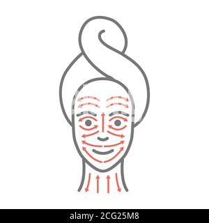 Visage de femme avec lignes de massage dessinées. Yoga du visage Illustration de Vecteur