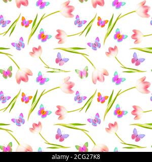 motif sans couture de tulipes avec papillons isolés sur blanc Banque D'Images
