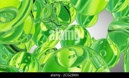 Gouttes d'eau vertes. Eau abstraite avec des bulles. Illustration 3D Banque D'Images