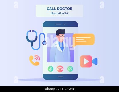 Appeler le médecin illustration mettre le médecin sur l'écran du smartphone arrière-plan de stéthoscope téléphone caméra bulle parler avec la couleur plate style Illustration de Vecteur