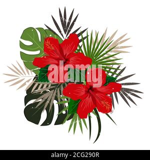 Composition de bouquet avec fleur d'hibiscus rouge et feuilles de palmier, illustration vectorielle plate. Plantes exotiques tropicales d'Hawaï isolées sur blanc Illustration de Vecteur