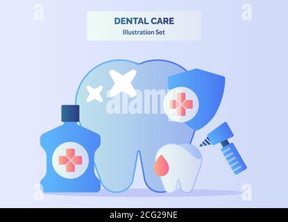 L'illustration des soins dentaires présente un arrière-plan brillant des dents du bain de bouche dents de purge, écran de perçage dentaire de couleur plate Illustration de Vecteur