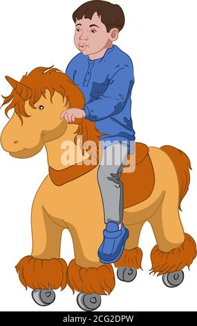 Petit garçon en chemise bleue et chaussures, pantalon gris à cheval sur un poney jouet. Vecteur Illustration de Vecteur