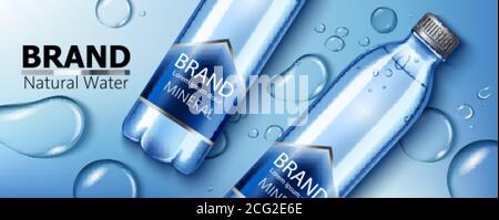 Deux bouteilles d'eau minérale naturelle avec un emplacement pour le texte posé sur une surface avec des blobs d'eau. Positionnement du produit. Maquette 3D. Vecteur Illustration de Vecteur