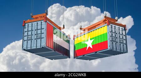 Conteneurs de marchandises avec drapeaux nationaux des Émirats arabes Unis et du Myanmar. Rendu 3D Banque D'Images