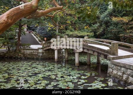 Vue sur le pont d'arche en pierre au-dessus de l'étang avec des nénuphars dans le jardin Yuzen'en du complexe du temple de Chion-in. Kyoto. Japon Banque D'Images