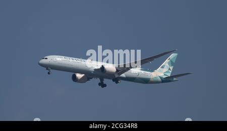 Etihad Airways Boeing 787 Dreamliner A6-BMH Greenliner Livery sur l'approche finale de l'aéroport de Heathrow le 1er septembre 2020. Banque D'Images