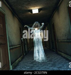 Un couloir d'hôtel effrayant et crépeux hanté par une femme fantôme en robe de mariée, rendu 3d. Concept de l'horreur d'Halloween. Banque D'Images