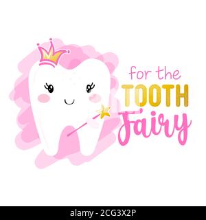 Pour The Tooth Fairy - motif de personnage de la princesse Tooth Fairy dans le style kawaii. Tothfée dessinée à la main avec citation amusante. Bon pour la maternelle préc Illustration de Vecteur