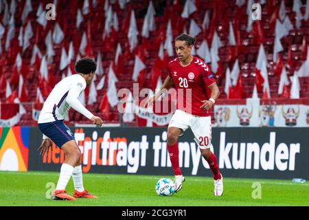 Copenhague, Danemark. 08 septembre 2020. Yussuf Poulsen (20) du Danemark vu lors du match de la Ligue des Nations de l'UEFA entre le Danemark et l'Angleterre à Parken à Copenhague. (Crédit photo : Gonzales photo/Alamy Live News Banque D'Images