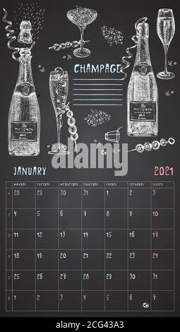 2021 page de calendrier vintage mural. Mois de janvier. La semaine commence le lundi. Bar à alcool. Champagne cocktails affiche rétro lieu à écrire Illustration de Vecteur