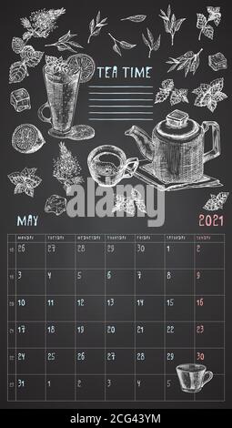 2021 page de calendrier vintage mural. Mois de mai. La semaine commence le lundi. Bar à alcool. Tea Time cocktails Retro poster lieu pour écrire la recette Illustration de Vecteur