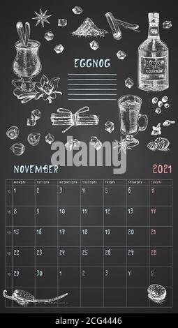 2021 page de calendrier vintage mural. Mois de novembre. La semaine commence le lundi. Bar à alcool. Cocktail de lait de poule affiche rétro lieu à écrire Illustration de Vecteur