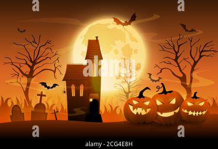 Cimetière sombre avec citrouilles créepy et maison hantée le soir d'Halloween, illustration du vecteur de dessin animé Illustration de Vecteur