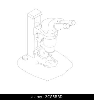 Contour du microscope à partir de lignes noires isolées sur fond blanc. Microscope de bureau. Vue isométrique. Illustration vectorielle Illustration de Vecteur