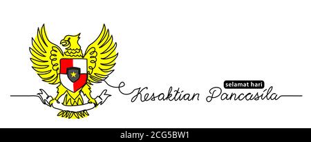 Kesaktian pancasila selamat hari, signifie Happy Pancasila Day. Bannière web vectorielle simple, arrière-plan. Une ligne continue garuda dessin avec lettrage Illustration de Vecteur